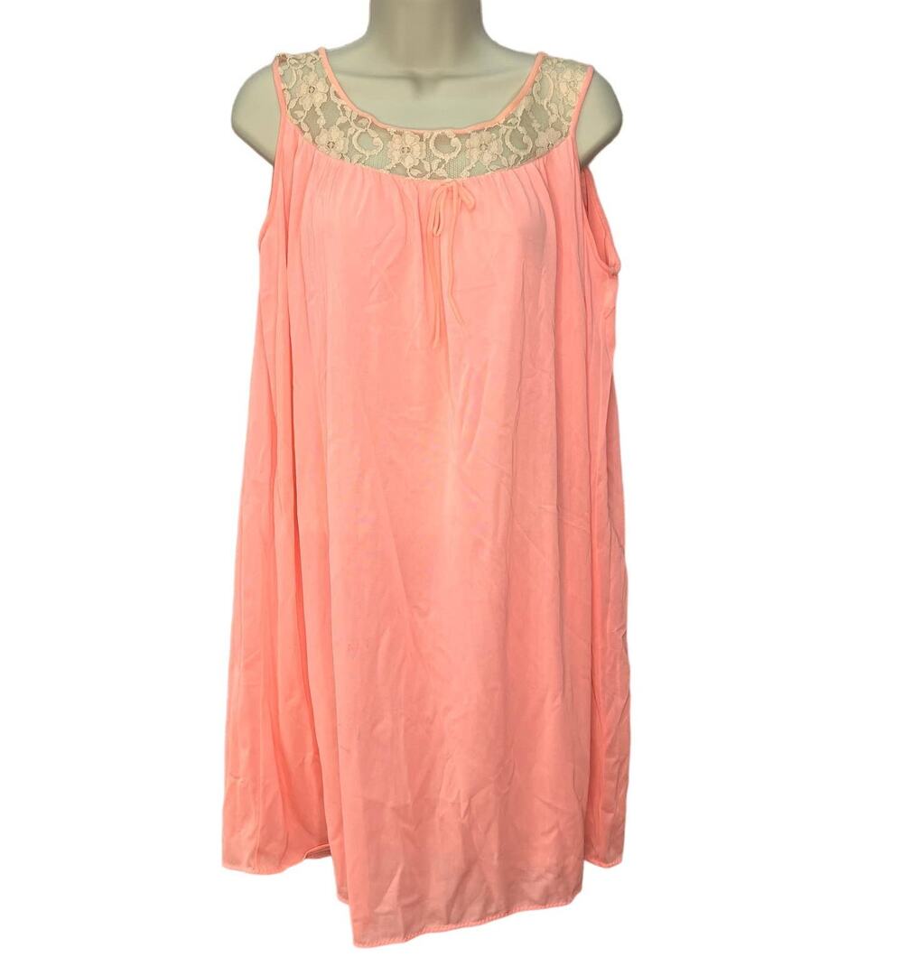 Vintage Movie Star Nightgown Coral Pink Lace Detail Sleeveless Sz M Nylon Sheer